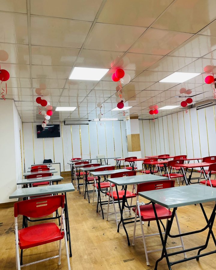 Classroom with red chairs